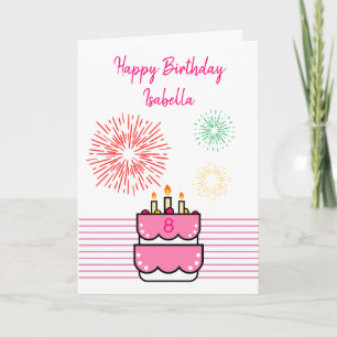 Cute Fireworks and Cake Pink Girly 8th Birthday Card