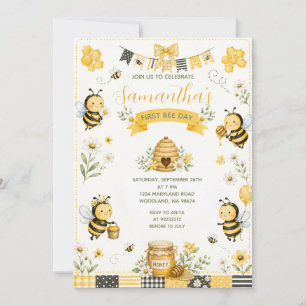 Cute First Bee Day Birthday Daisy Floral Yellow Invitation