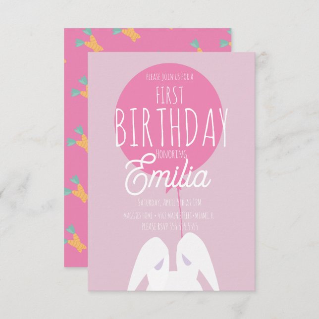 Cute First Birthday Bunny Party Invitation (Front/Back)