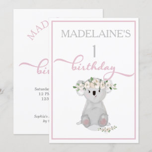 Cute First Birthday Koala Floral Pink Invitation