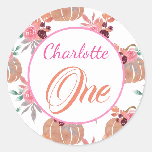 Cute First Birthday One Fall Autumn Floral Pumpkin Classic Round Sticker (Front)