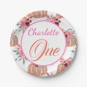 Cute First Birthday One Fall Autumn Floral Pumpkin Paper Plate