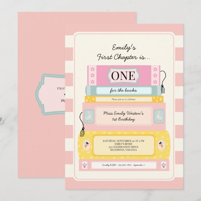 Cute First Chapter Girl's 1st Birthday Invitation (Front/Back)