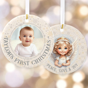 Cute First Christmas Angel Template Name Photo Ceramic Tree Decoration