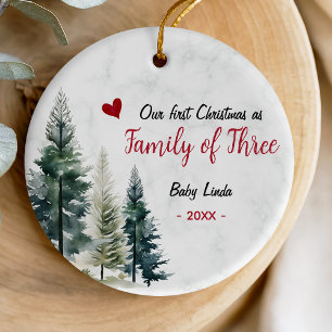 Cute first Christmas as Family of Three red heart Ceramic Tree Decoration