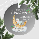 Cute First Christmas as Mummy & Daddy Baby Penguin Ornament<br><div class="desc">Celebrate your first Christmas as parents with this cute ornament. Design features a cartoon baby penguin asleep on a moon crescent sitting on a cloud with a black / grey gradient background and festive holly . Lovely to give to any new parents to celebrate the birth of their child or...</div>