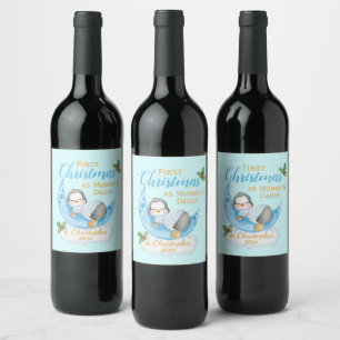 Cute First Christmas as Mummy & Daddy Blue Penguin Wine Label