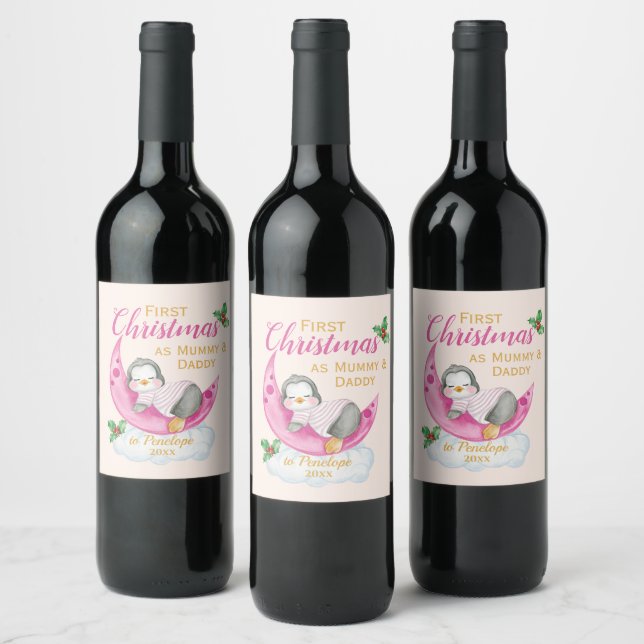 Cute First Christmas as Mummy & Daddy Pink Penguin Wine Label (Bottles)