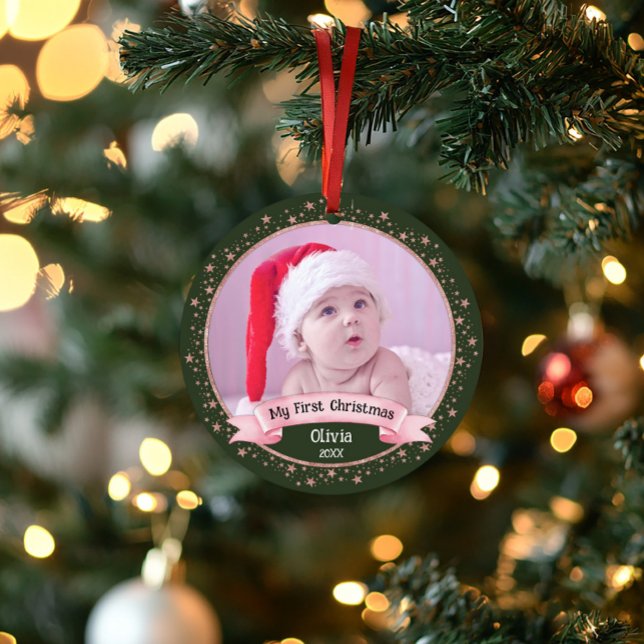 Cute First Christmas Baby Girl Two Photo Keepsake Ornament (First Christmas Baby Girl ornament)