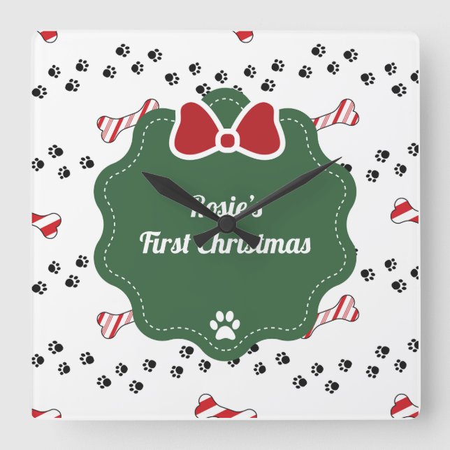 Cute First Christmas Dog Lover Modern Square Wall Clock (Front)