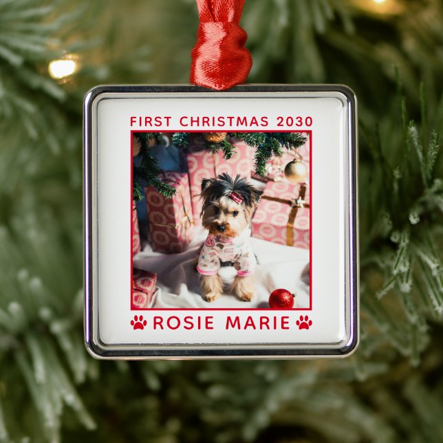 Cute First Christmas Dog Photo Name Year Custom Metal Tree Decoration (Tree)