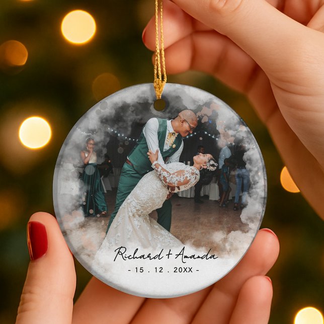 Cute first Christmas engaged faded photo Ceramic Tree Decoration (Creator Uploaded)