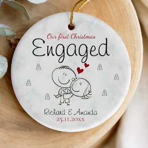 Cute first Christmas engagement cartoony couple Ceramic Tree Decoration