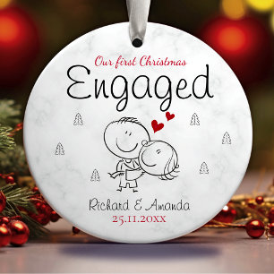 Cute first Christmas engagement cartoony couple  Ceramic Tree Decoration