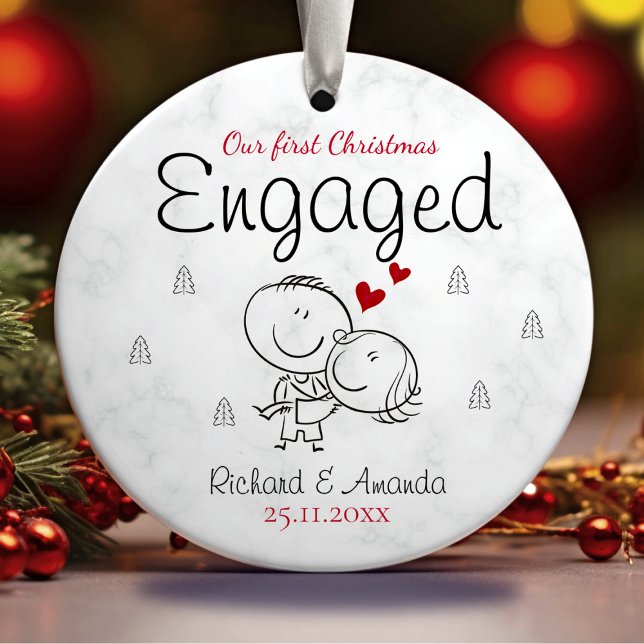 Cute first Christmas engagement cartoony couple  Ceramic Tree Decoration (Creator Uploaded)