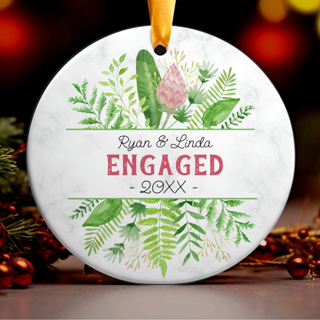 Cute first Christmas engagement floral greenery  Ceramic Tree Decoration (Creator Uploaded)