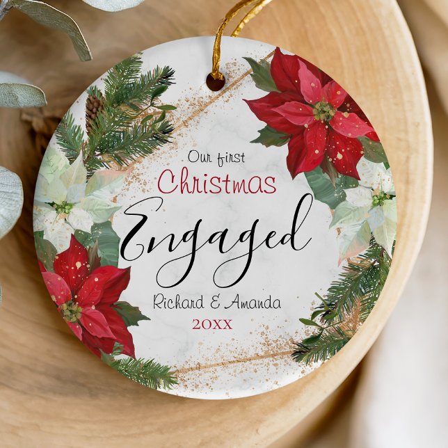 Cute first Christmas engagement Poinsettia flower Ceramic Tree Decoration (Creator Uploaded)