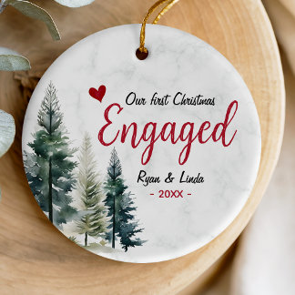 Cute first Christmas engagement red heart Ceramic Tree Decoration