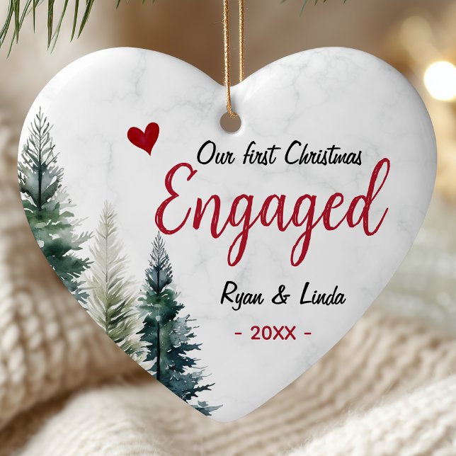 Cute first Christmas engagement red heart trees Ceramic Tree Decoration (Creator Uploaded)