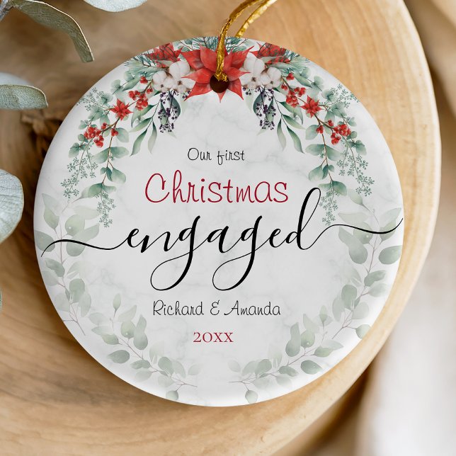 Cute first Christmas engagement red Poinsettia Ceramic Tree Decoration (Creator Uploaded)