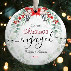 Cute first Christmas engagement red Poinsettia Ceramic Tree Decoration