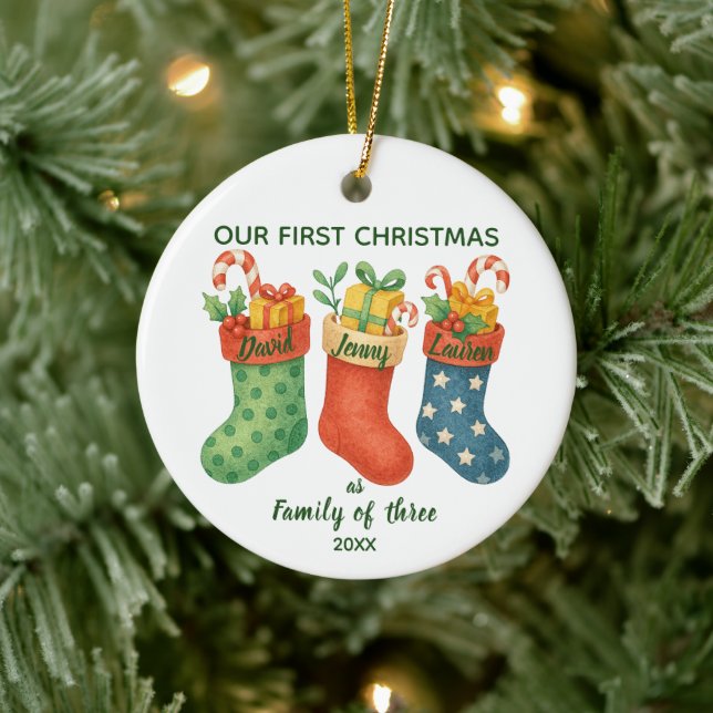 Cute First Christmas Family of Three Photo Ceramic Tree Decoration (Tree)