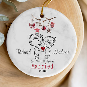 Cute first Christmas married cartoony couple  Ceramic Tree Decoration