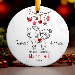 Cute first Christmas married cartoony couple  Ceramic Tree Decoration