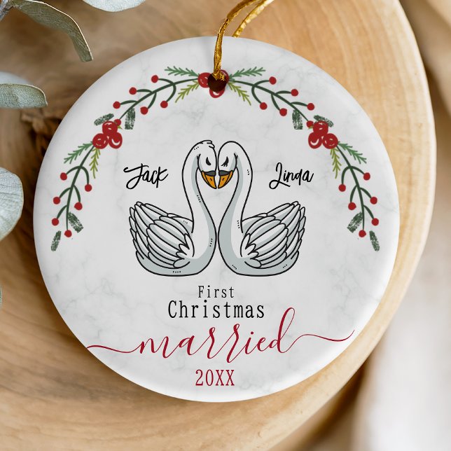 Cute first Christmas married white birds Ceramic Tree Decoration (Creator Uploaded)