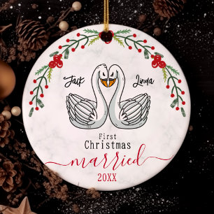 Cute first Christmas married white birds Ceramic Tree Decoration