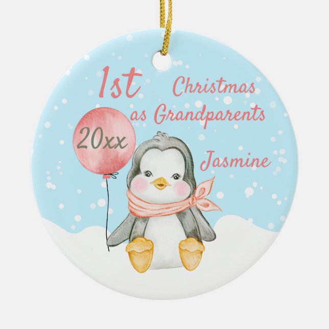 Cute First Christmas Penguin Grandparents Pink Ceramic Tree Decoration (Front)