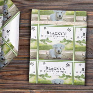 Cute First Christmas Pine Puppy Dog Pet Photo Wrapping Paper