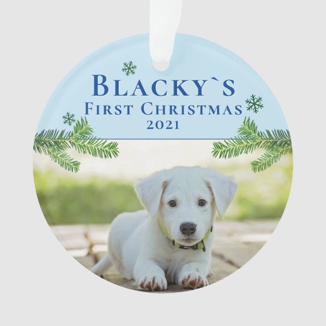 Cute First Christmas Puppy Blue Christmas Photo Ornament (Front)