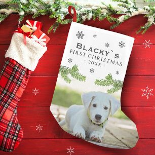 Cute First Christmas Puppy Photo Pine Snowflake Small Christmas Stocking