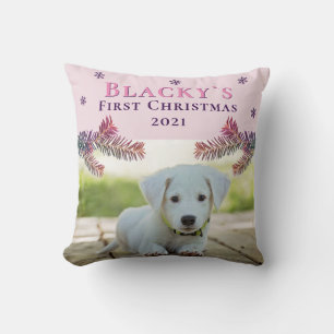 Cute First Christmas Puppy Pink Christmas Photo Cushion