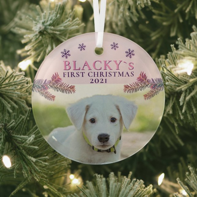 Cute First Christmas Puppy Pink Christmas Photo Glass Tree Decoration (Insitu)