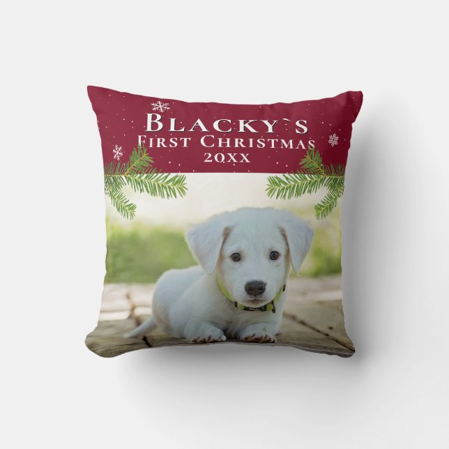 Cute First Christmas Puppy Red Christmas Photo Cushion (Front)