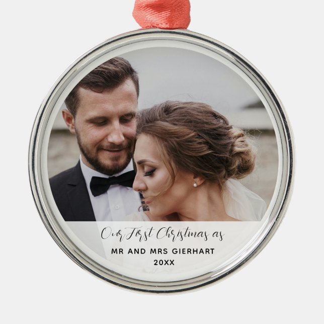 Cute First Christmas Wedding Day Photo Keepsake Metal Tree Decoration (Front)