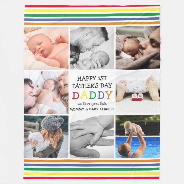 Cute First Father's Day Daddy | Photo Collage Fleece Blanket (Front)