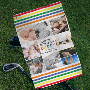 Cute First Father's Day Daddy   Photo Collage Golf Towel