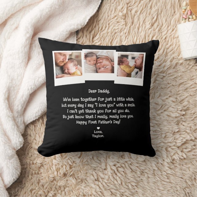 Cute First Father's Day Poem 3-Photo Collage Cushion (Blanket)
