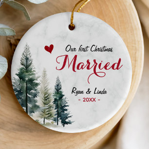 Cute First Married Christmas Red Heart Ceramic Tree Decoration
