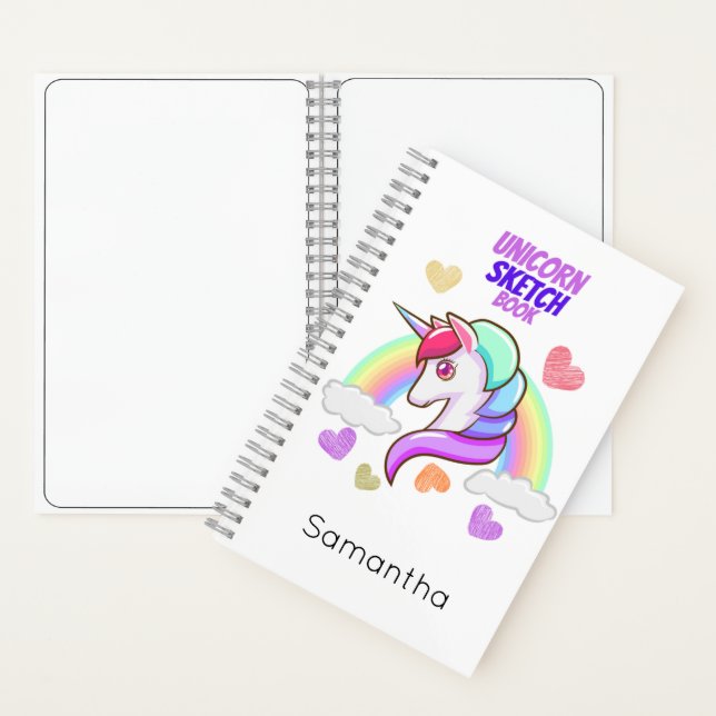 Cute First Name Rainbow Hearts Unicorn Sketch Notebook (Inside)