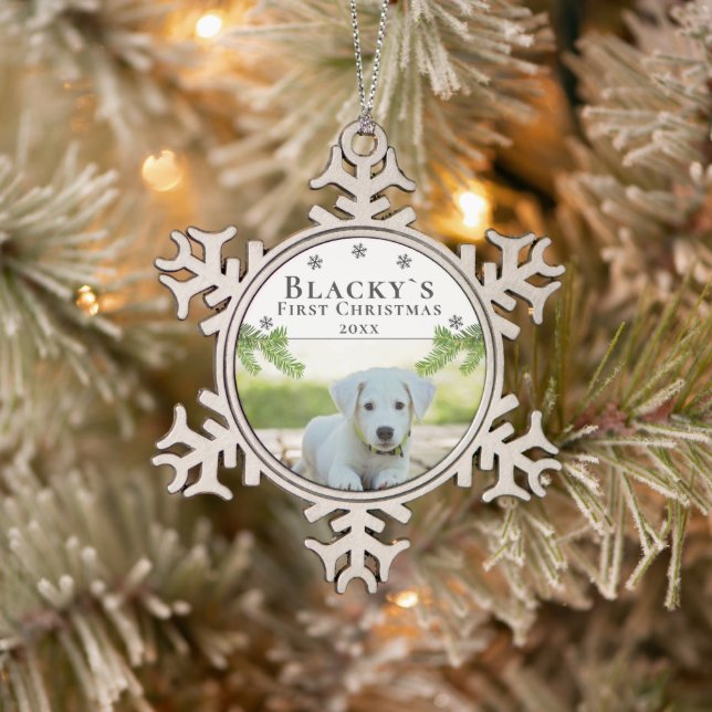 Cute First Puppy Dog Pet Christmas Photo Snowflake Pewter Christmas Ornament (Tree)
