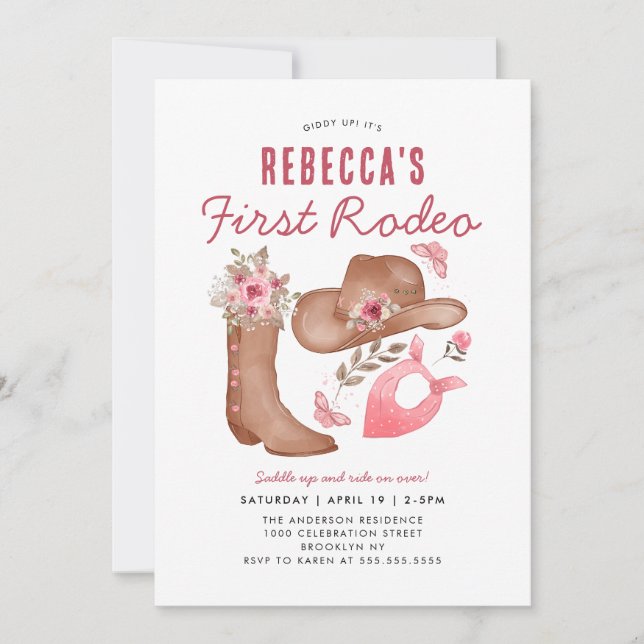 Cute First Rodeo Country Pink Cowgirl 1st Birthday Invitation (Front)