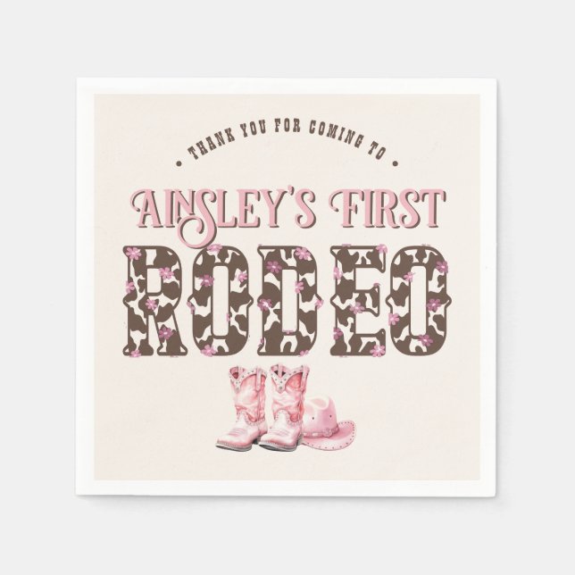 Cute First Rodeo Pink Personalised 1st Birthday Napkin (Front)