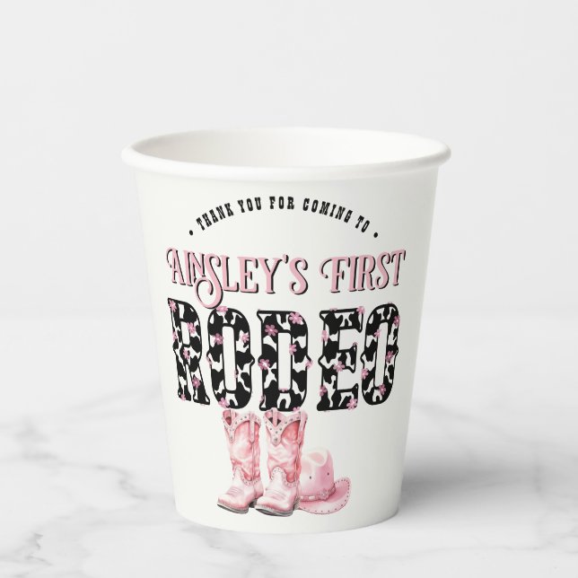 Cute First Rodeo Pink Personalised 1st Birthday Paper Cups (Front)