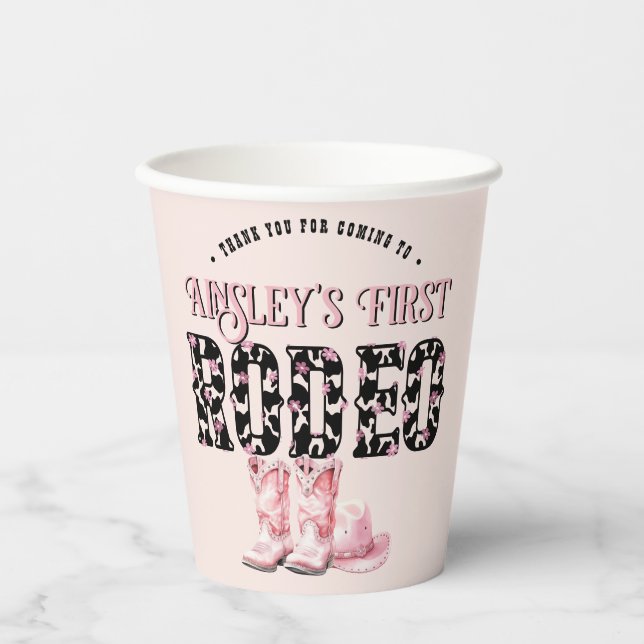 Cute First Rodeo Pink Personalised 1st Birthday Paper Cups (Front)
