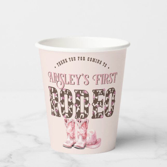 Cute First Rodeo Pink Personalised 1st Birthday Paper Cups (Front)