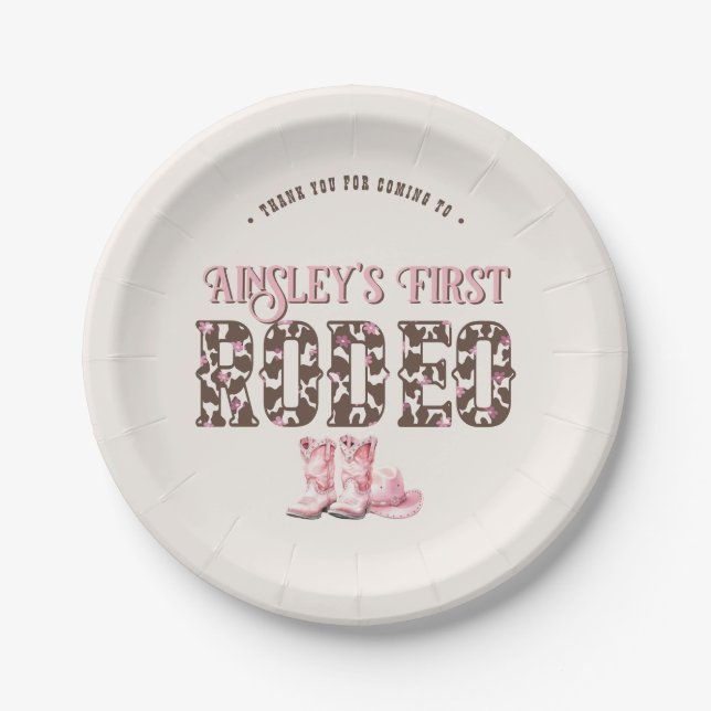 Cute First Rodeo Pink Personalised 1st Birthday Paper Plate (Front)